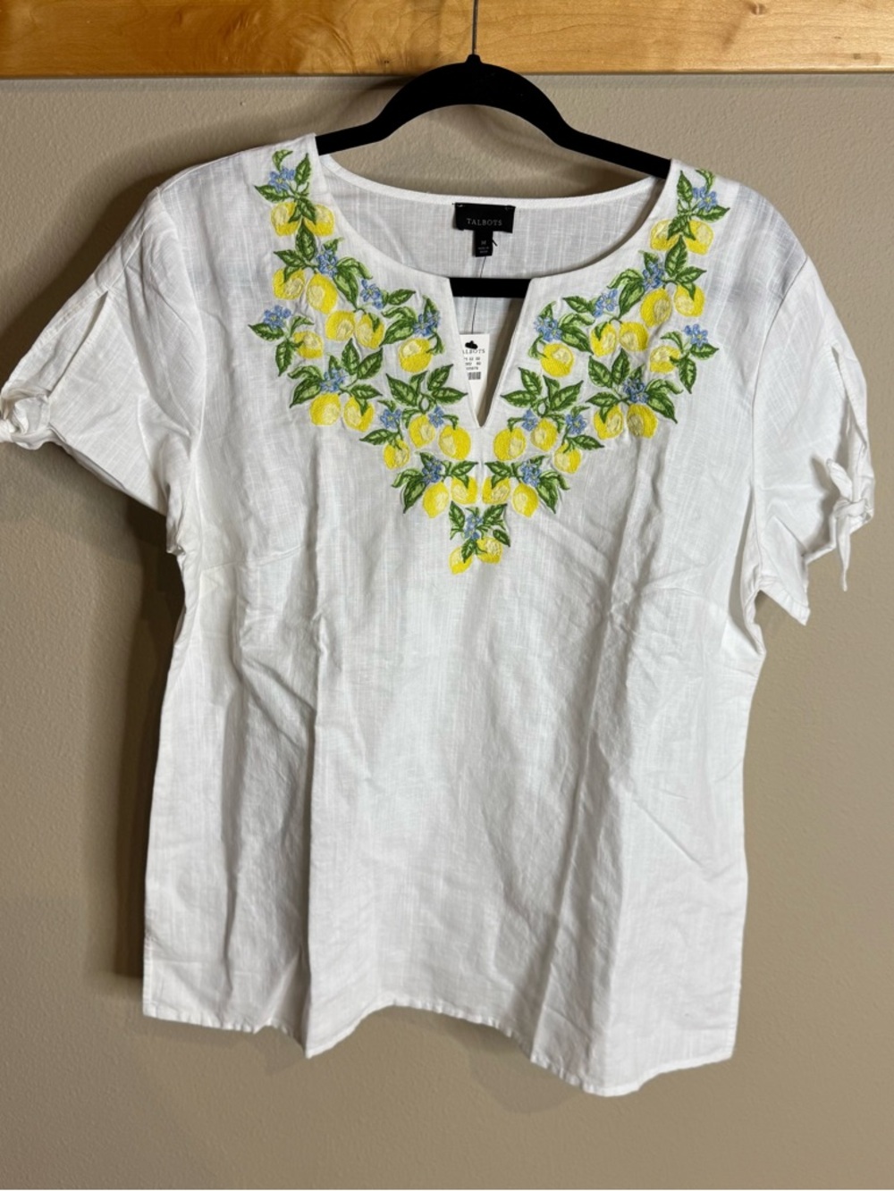 Talbots White Linen Tunic with Yellow Lemon & Green Leaf Embroidery